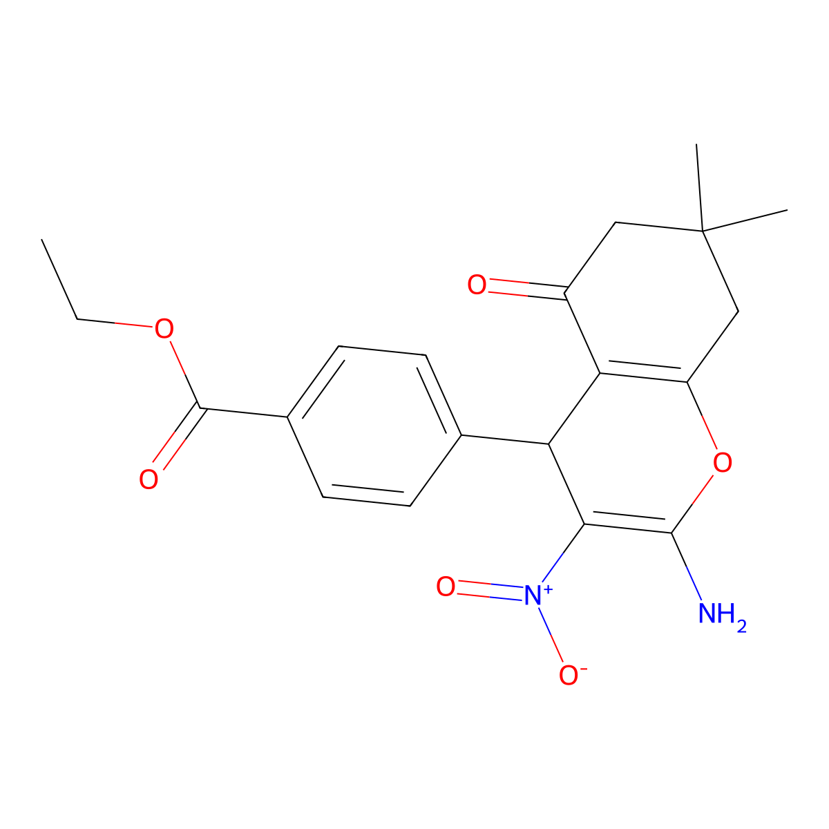 ethyl 4-(2-amino-7,7-dimethyl-3-nitro-5-oxo-5,6,7,8-tetrahydro-4H-chromen-4-yl)benzoate molecular structure, CAS 353781-64-3