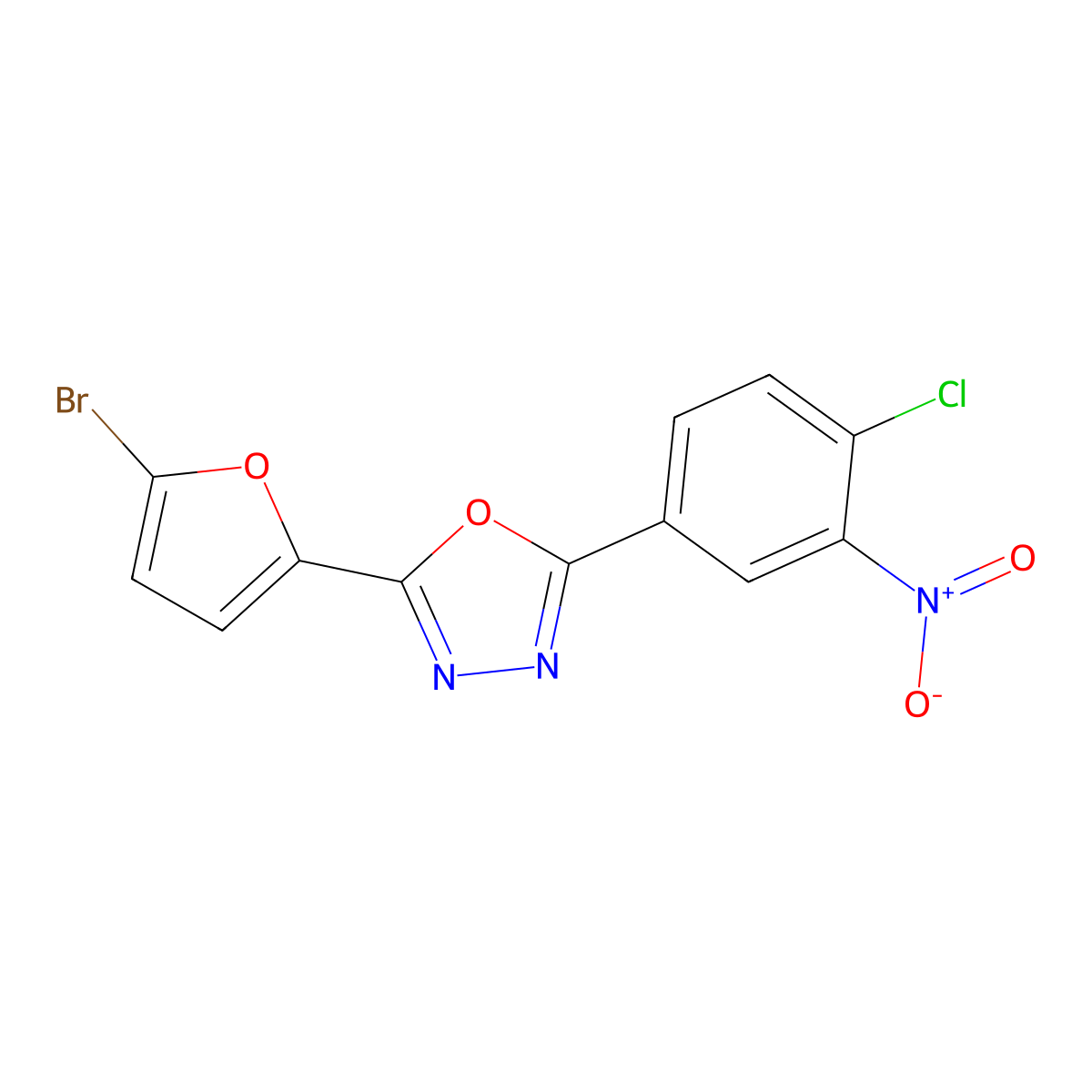 2-(5-Bromo-2-furyl)-5-{4-chloro-3-nitrophenyl}-1,3,4-oxadiazole molecular structure, CAS 353781-72-3