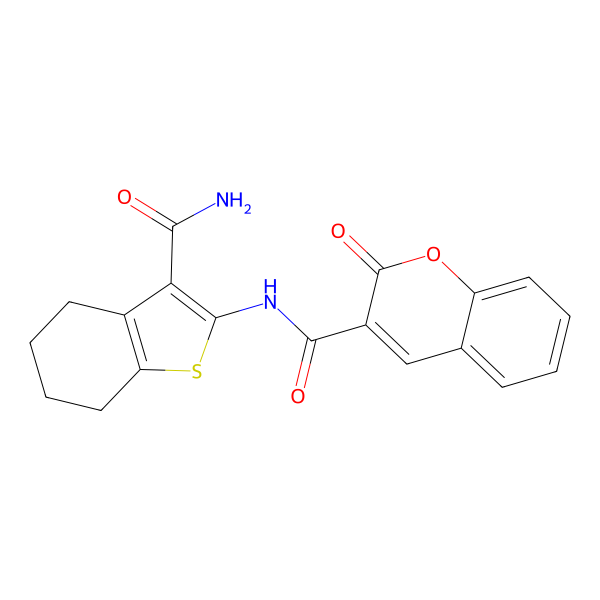 N-(3-carbamoyl-4,5,6,7-tetrahydro-1-benzothiophen-2-yl)-2-oxo-2H-chromene-3-carboxamide molecular structure, CAS 353782-49-7