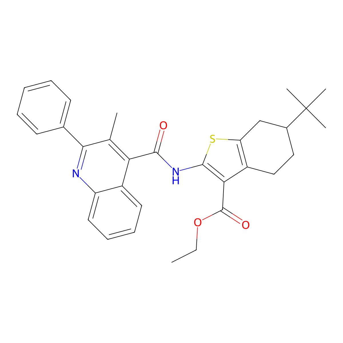 Ethyl 6-tert-butyl-2-[(3-methyl-2-phenylquinoline-4-carbonyl)amino]-4,5,6,7-tetrahydro-1-benzothiophene-3-carboxylate molecular structure, CAS 353782-58-8