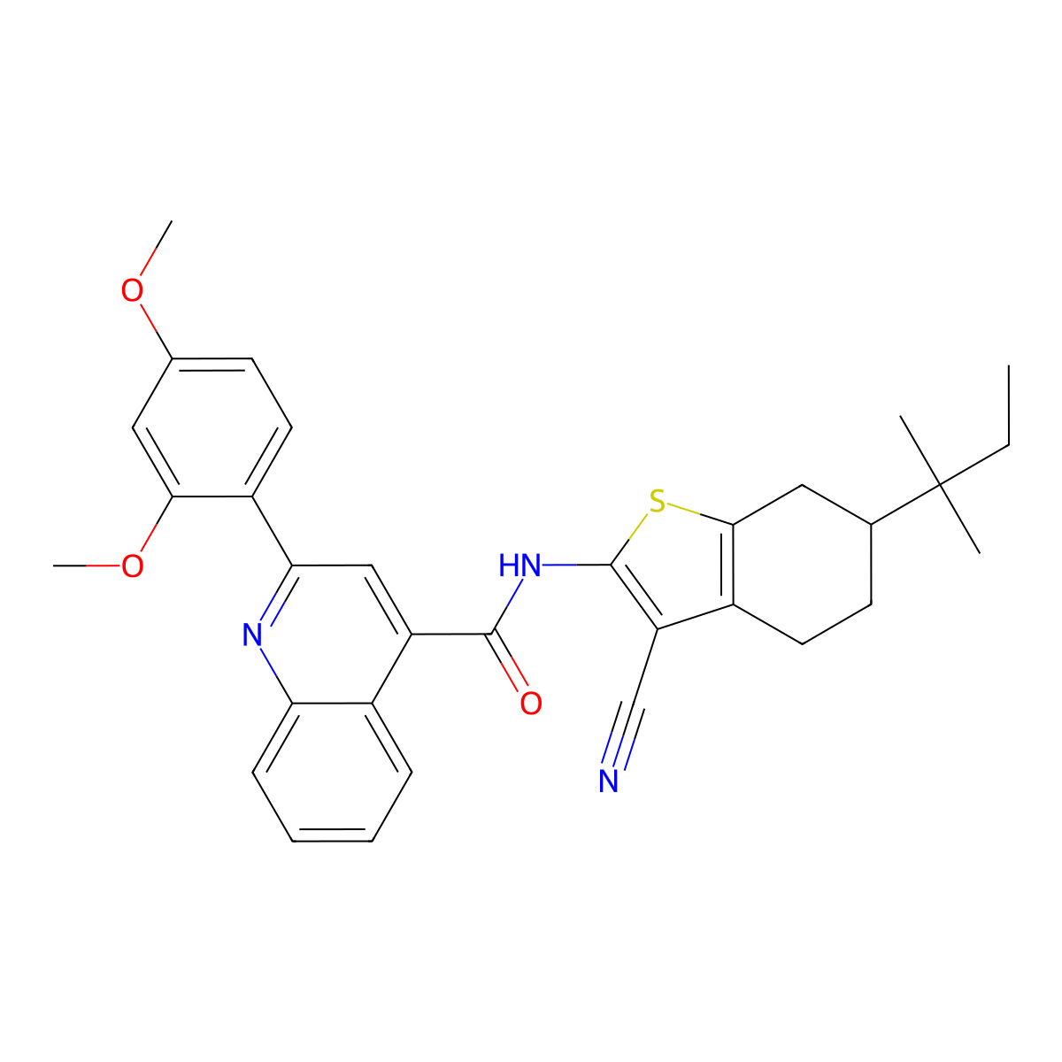 N-(3-cyano-6-tert-pentyl-4,5,6,7-tetrahydro-1-benzothien-2-yl)-2-(2,4-dimethoxyphenyl)-4-quinolinecarboxamide molecular structure, CAS 353782-94-2
