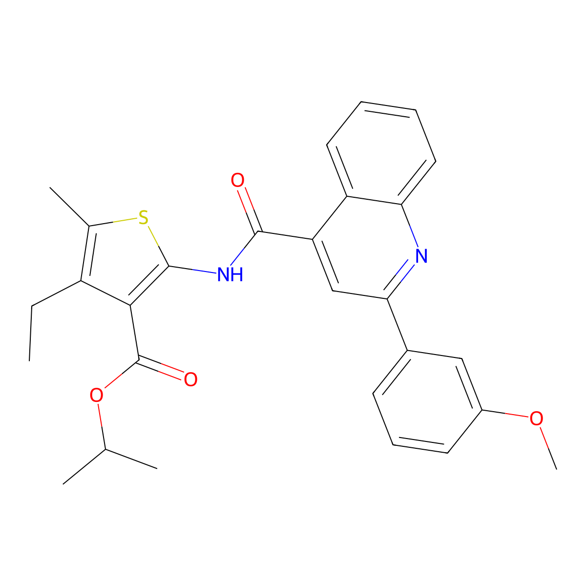 Isopropyl 4-ethyl-2-({[2-(3-methoxyphenyl)-4-quinolinyl]carbonyl}amino)-5-methyl-3-thiophenecarboxylate molecular structure, CAS 353784-52-8