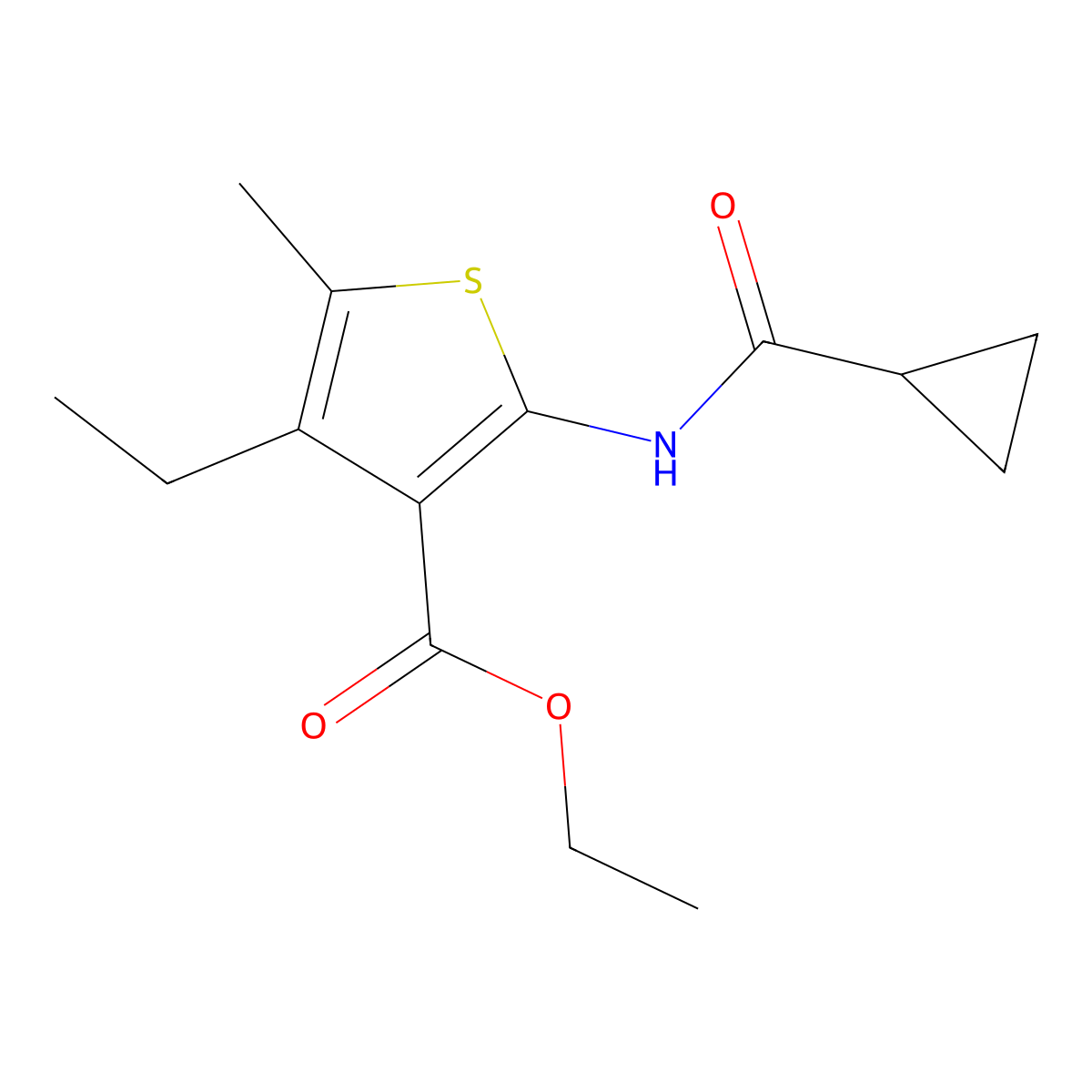 Ethyl 2-(cyclopropanecarbonylamino)-4-ethyl-5-methylthiophene-3-carboxylate molecular structure, CAS 353784-64-2