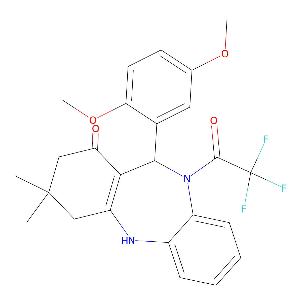 6-(2,5-Dimethoxyphenyl)-9,9-dimethyl-5-(2,2,2-trifluoroacetyl)-6,8,10,11-tetrahydrobenzo[b][1,4]benzodiazepin-7-one molecular structure, CAS 353784-66-4