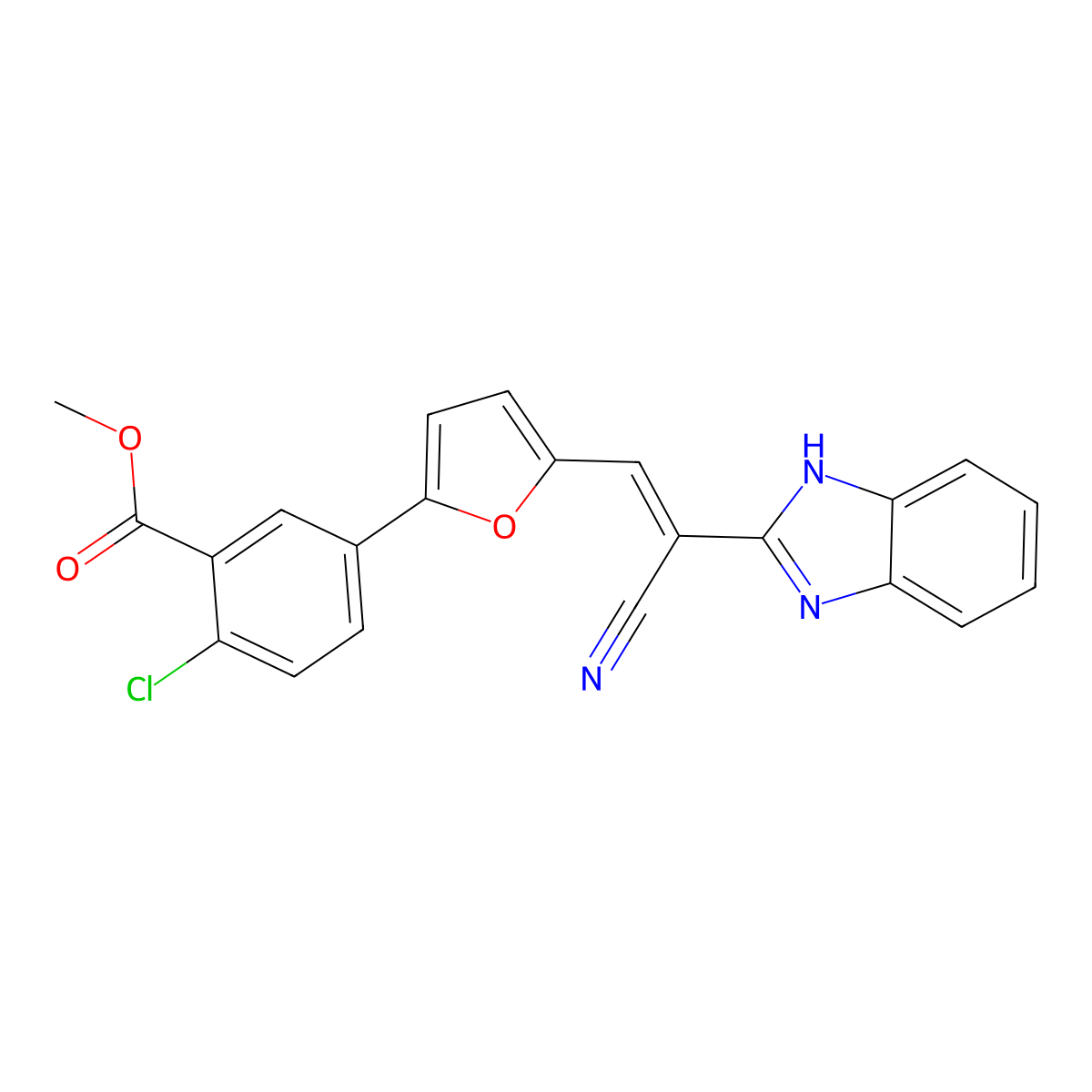 Methyl 5-[5-[2-(1H-benzimidazol-2-yl)-2-cyanoethenyl]-2-furanyl]-2-chlorobenzoate molecular structure, CAS 353785-09-8