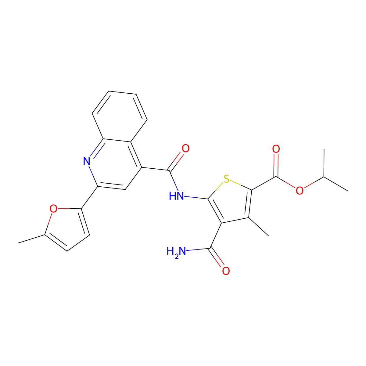 Propan-2-yl 4-carbamoyl-3-methyl-5-[[2-(5-methylfuran-2-yl)quinoline-4-carbonyl]amino]thiophene-2-carboxylate molecular structure, CAS 353785-43-0