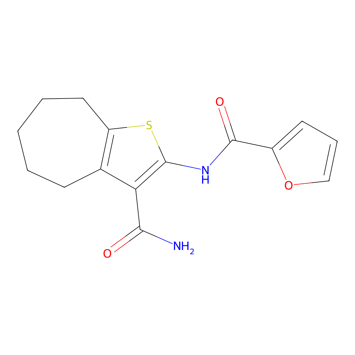 N-(3-carbamoyl-5,6,7,8-tetrahydro-4H-cyclohepta[b]thiophen-2-yl)furan-2-carboxamide molecular structure, CAS 353785-46-3