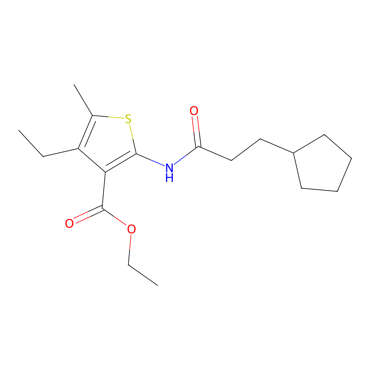 Ethyl 2-(3-cyclopentylpropanoylamino)-4-ethyl-5-methylthiophene-3-carboxylate molecular structure, CAS 353785-54-3