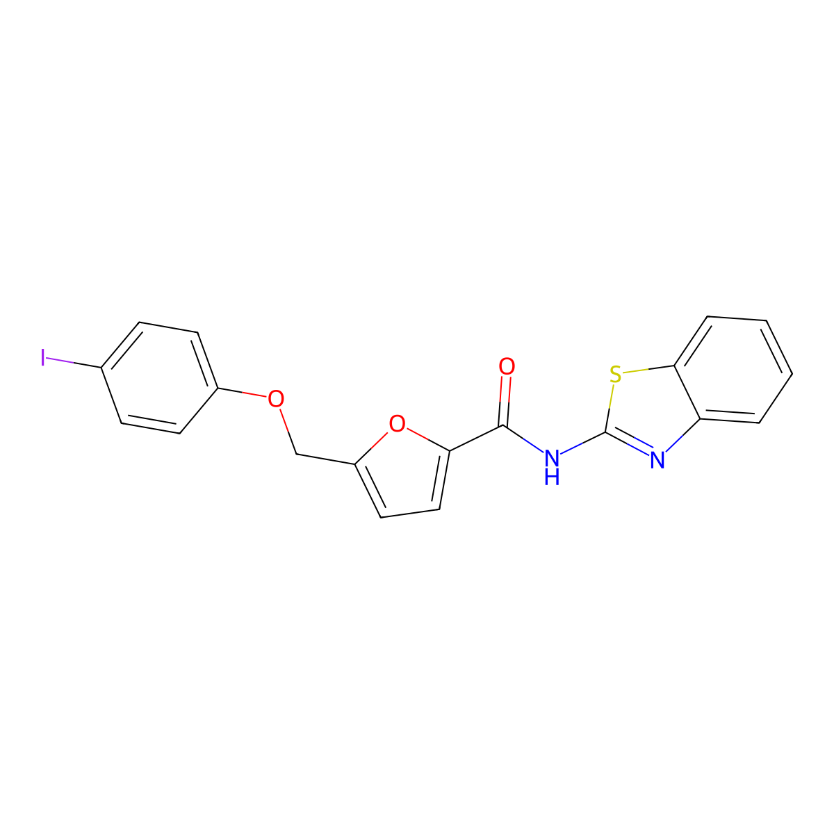 N-(1,3-benzothiazol-2-yl)-5-[(4-iodophenoxy)methyl]furan-2-carboxamide molecular structure, CAS 353785-69-0