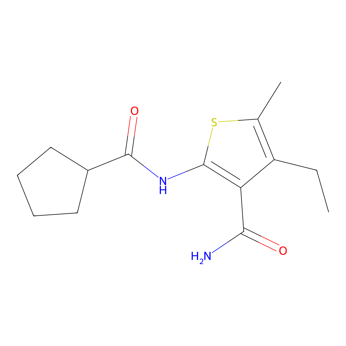 2-(Cyclopentanecarbonylamino)-4-ethyl-5-methylthiophene-3-carboxamide molecular structure, CAS 353786-14-8