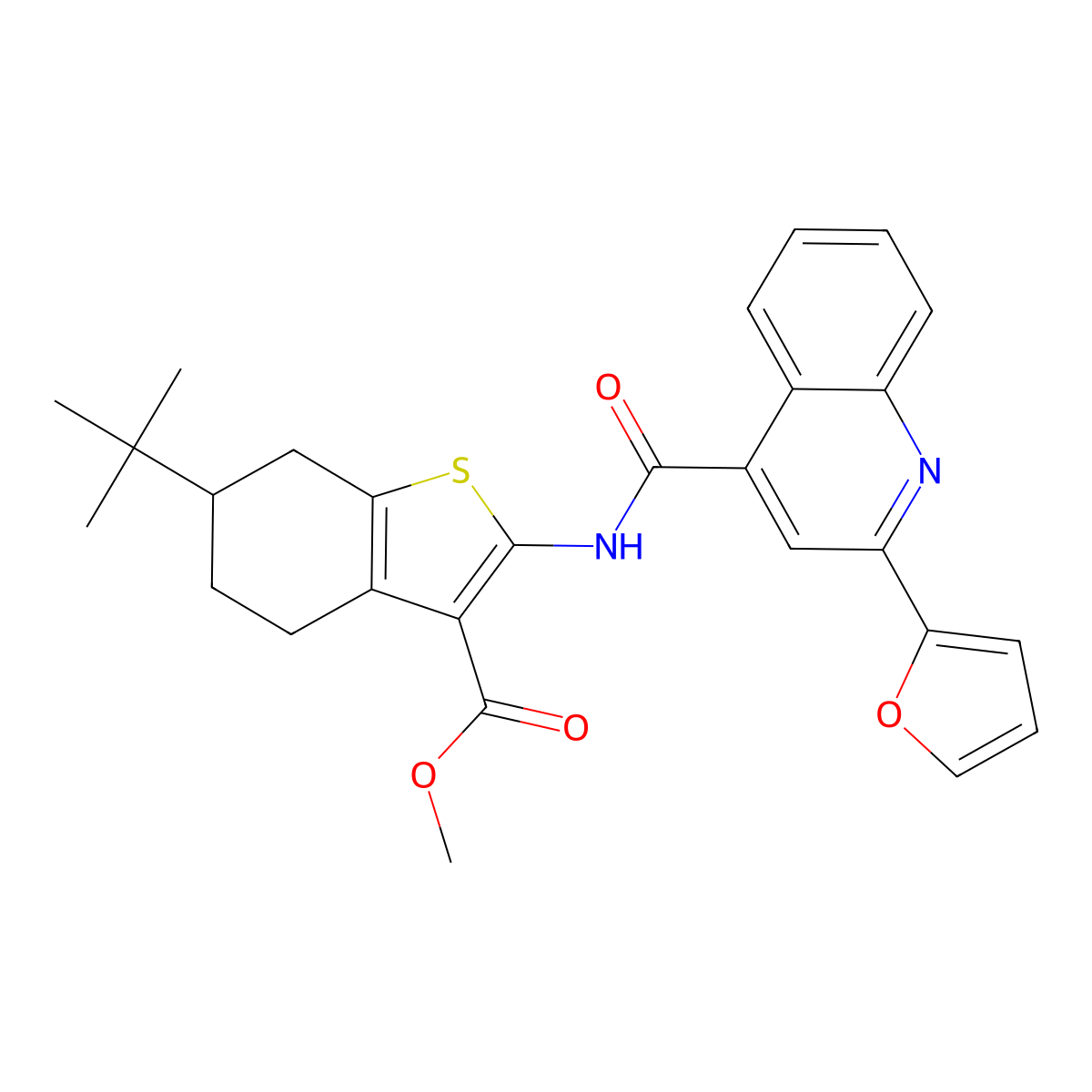 Methyl 6-tert-butyl-2-({[2-(2-furyl)-4-quinolinyl]carbonyl}amino)-4,5,6,7-tetrahydro-1-benzothiophene-3-carboxylate molecular structure, CAS 353786-15-9