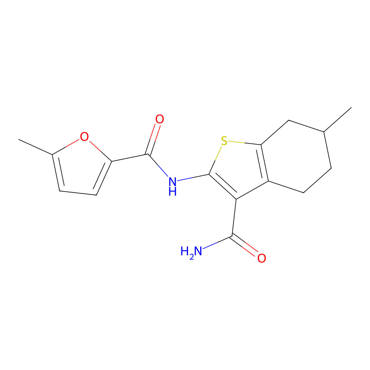 N-(3-carbamoyl-6-methyl-4,5,6,7-tetrahydro-1-benzothiophen-2-yl)-5-methylfuran-2-carboxamide molecular structure, CAS 353786-21-7