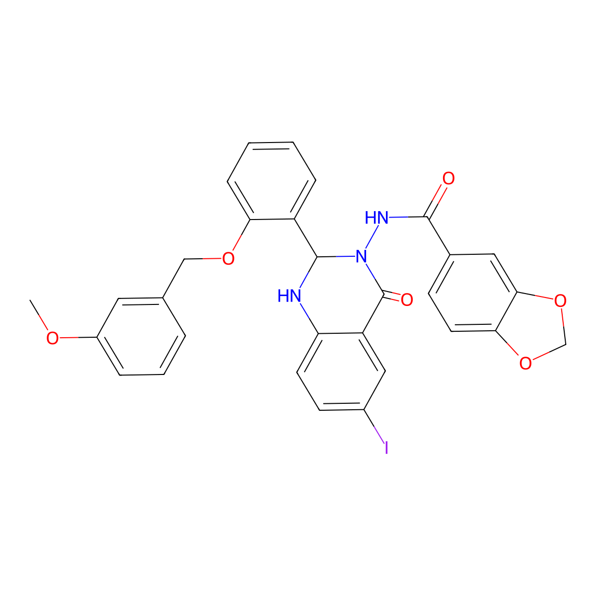 N-[6-iodo-2-[2-[(3-methoxyphenyl)methoxy]phenyl]-4-oxo-1,2-dihydroquinazolin-3-yl]-1,3-benzodioxole-5-carboxamide molecular structure, CAS 353786-44-4