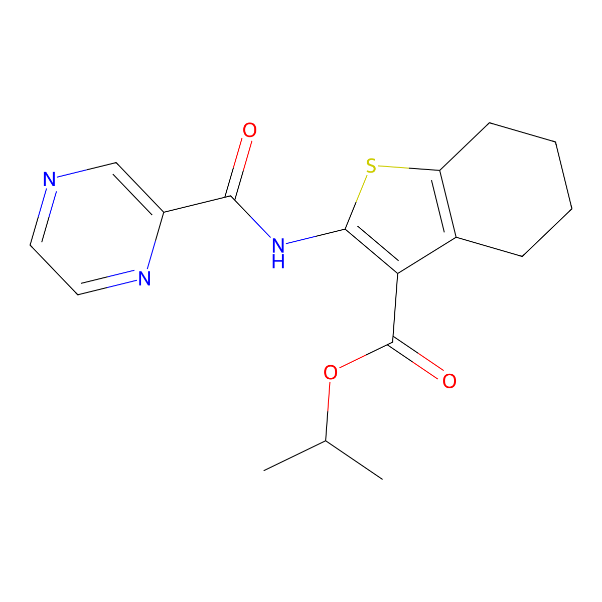 Propan-2-yl 2-(pyrazine-2-carbonylamino)-4,5,6,7-tetrahydro-1-benzothiophene-3-carboxylate molecular structure, CAS 353786-46-6