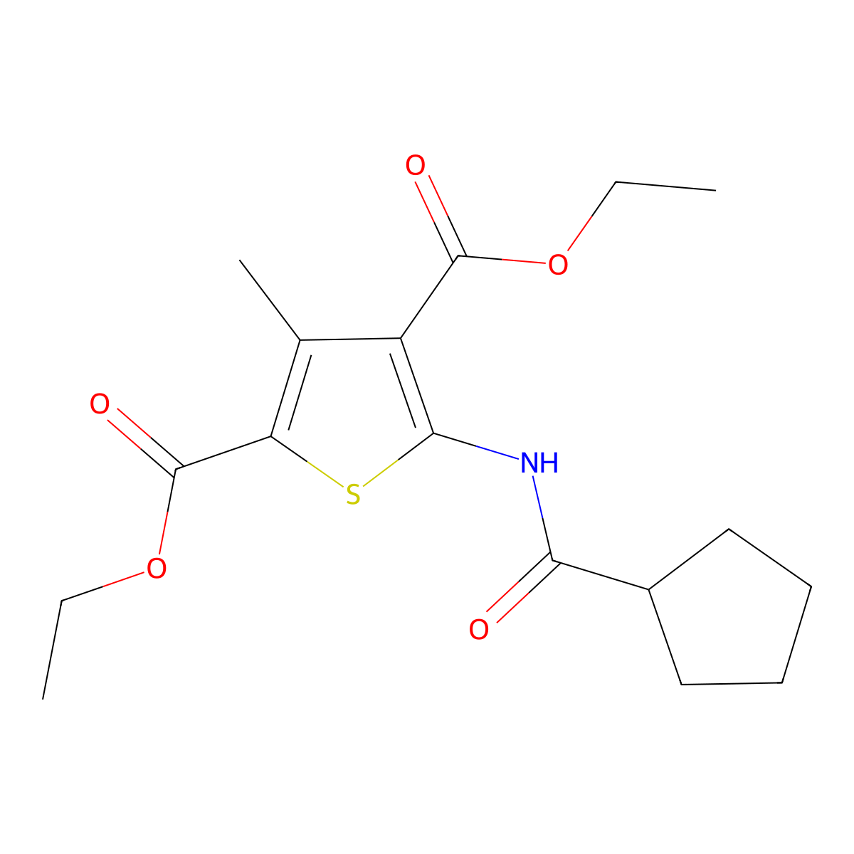 Diethyl 5-(cyclopentanecarbonylamino)-3-methylthiophene-2,4-dicarboxylate molecular structure, CAS 353786-70-6