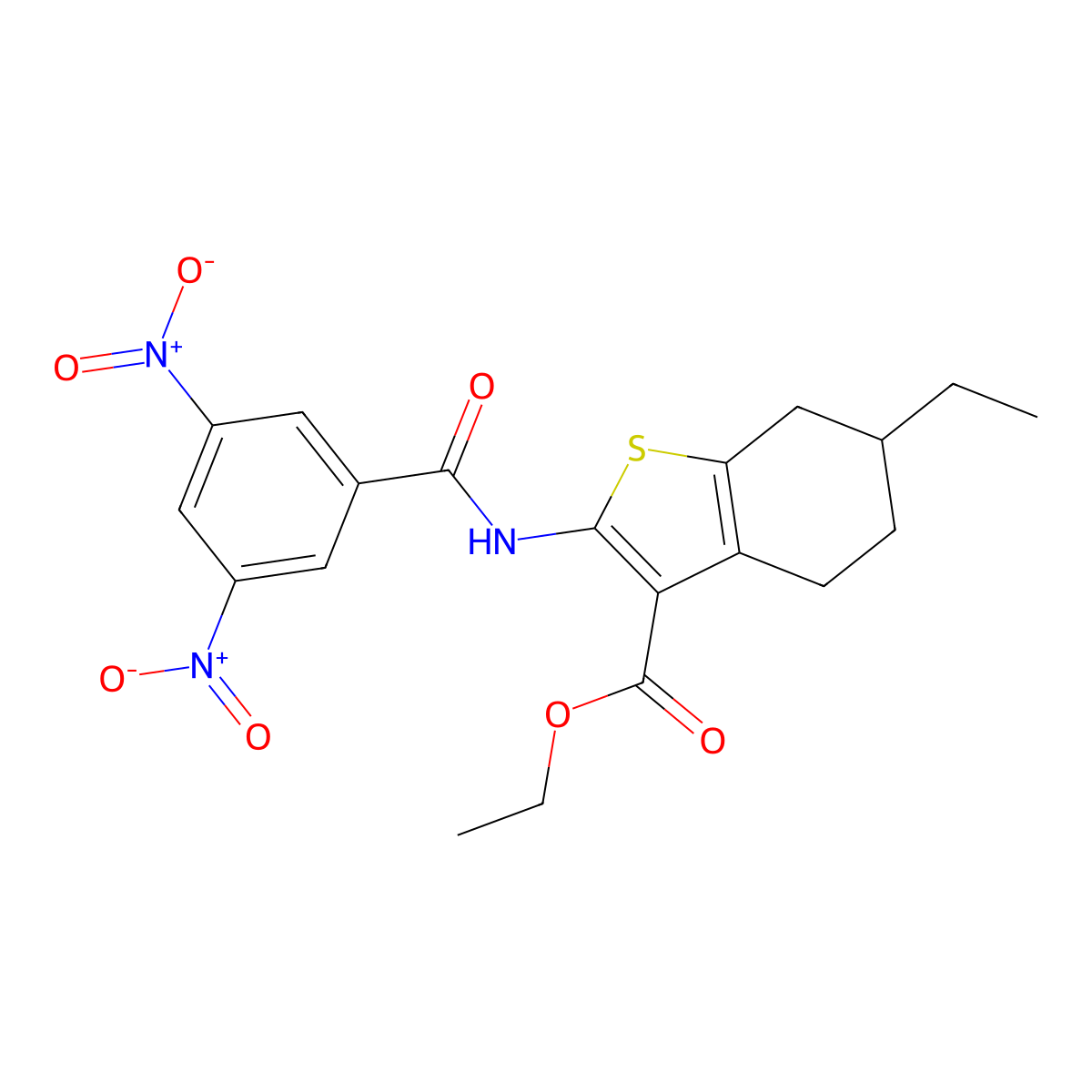 Ethyl 2-({3,5-bisnitrobenzoyl}amino)-6-ethyl-4,5,6,7-tetrahydro-1-benzothiophene-3-carboxylate molecular structure, CAS 353787-11-8