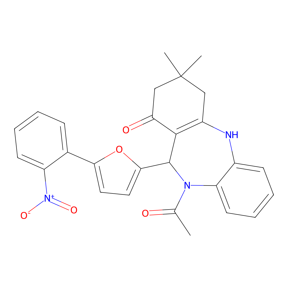 5-Acetyl-9,9-dimethyl-6-[5-(2-nitrophenyl)furan-2-yl]-6,8,10,11-tetrahydrobenzo[b][1,4]benzodiazepin-7-one molecular structure, CAS 353787-22-1
