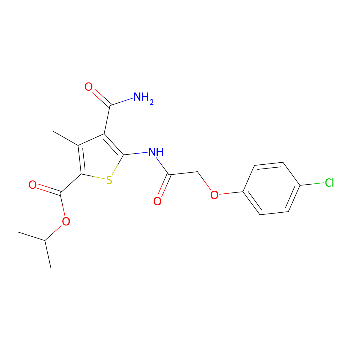 Isopropyl 4-(aminocarbonyl)-5-{[(4-chlorophenoxy)acetyl]amino}-3-methyl-2-thiophenecarboxylate molecular structure, CAS 353787-68-5