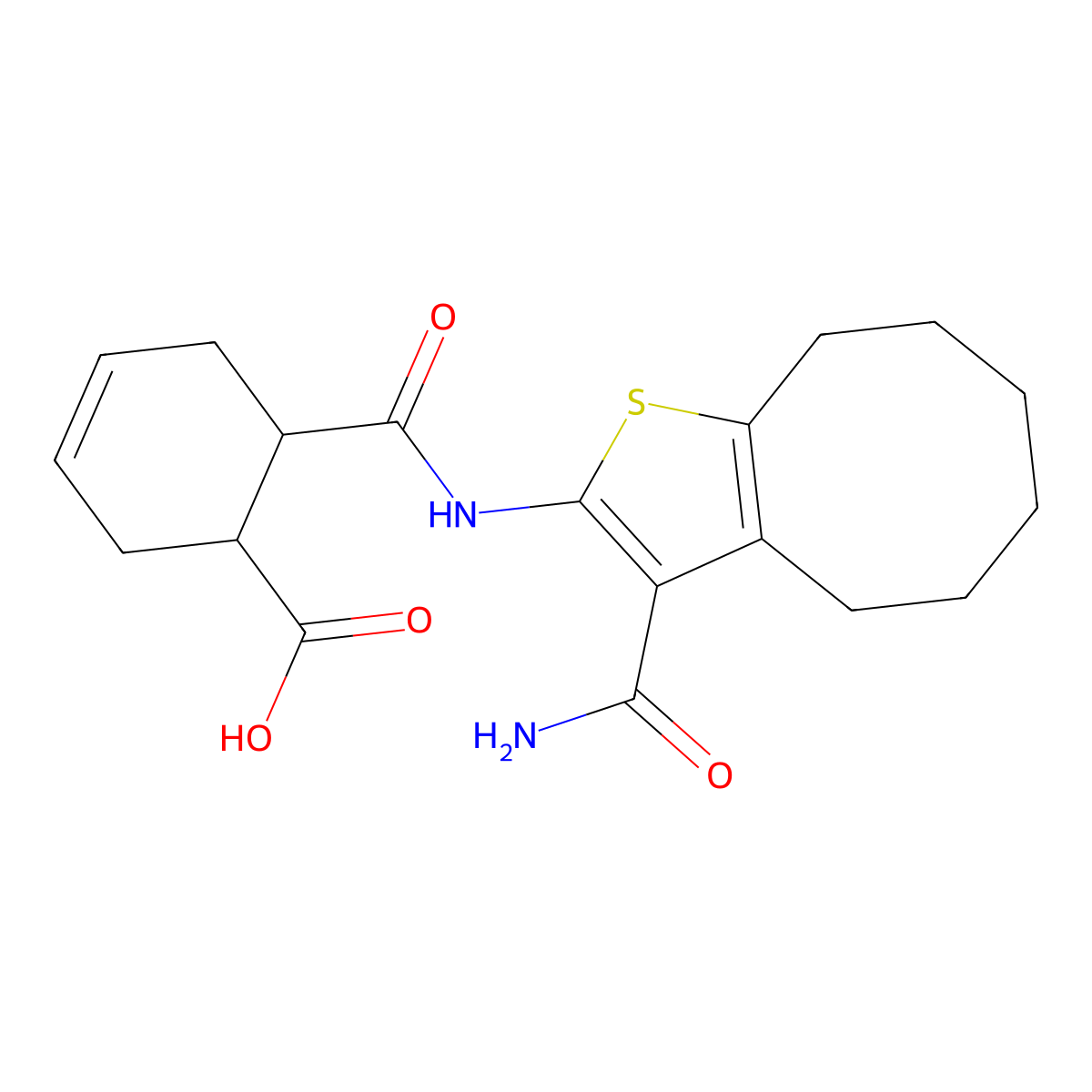 6-[(3-Carbamoyl-4,5,6,7,8,9-hexahydrocycloocta[b]thiophen-2-yl)carbamoyl]cyclohex-3-ene-1-carboxylic acid molecular structure, CAS 353788-06-4