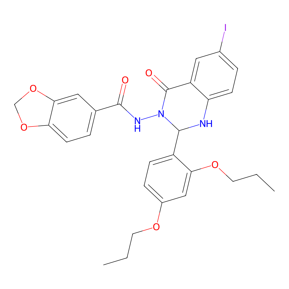 N-[2-(2,4-dipropoxyphenyl)-6-iodo-4-oxo-1,2-dihydroquinazolin-3-yl]-1,3-benzodioxole-5-carboxamide molecular structure, CAS 353789-03-4