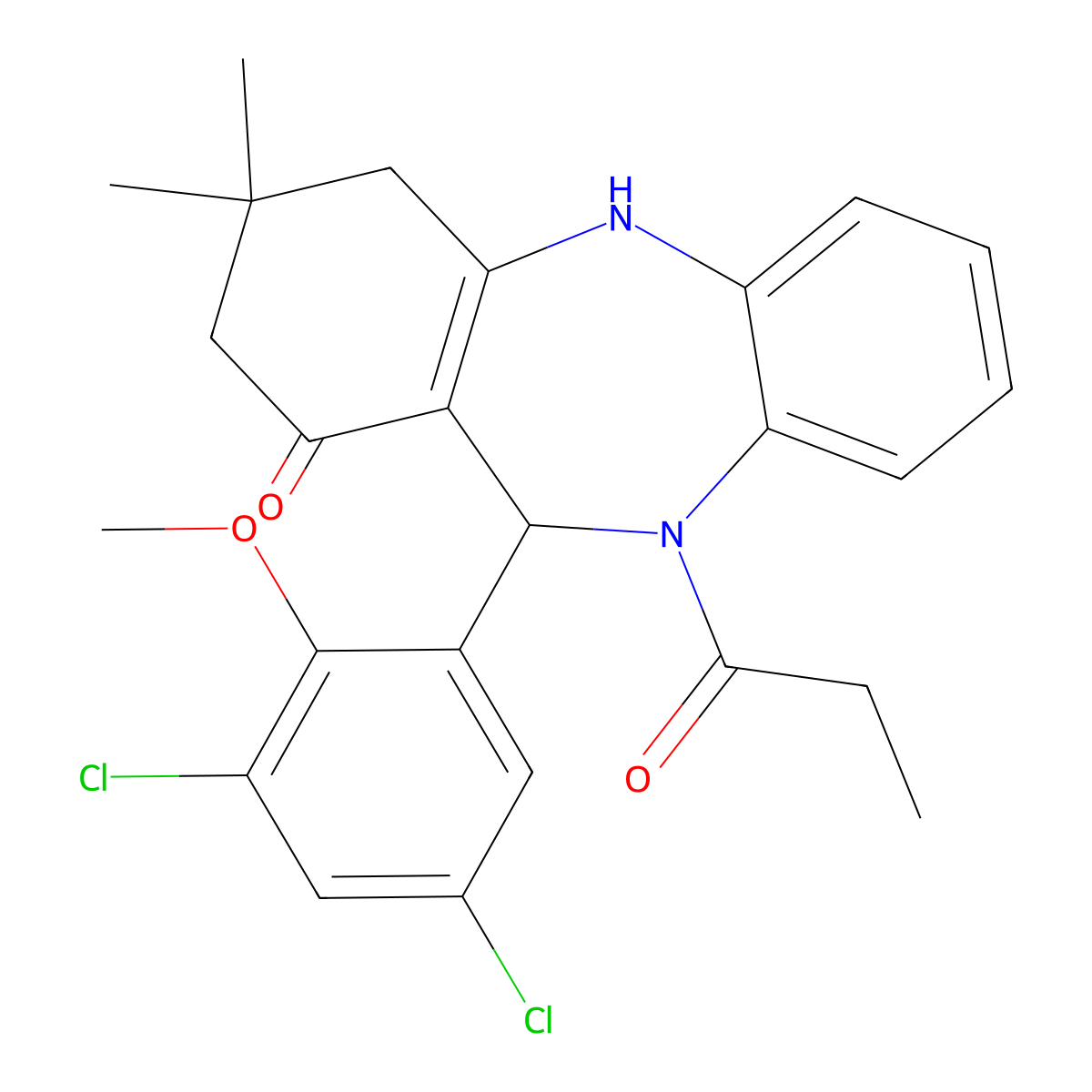 6-(3,5-Dichloro-2-methoxyphenyl)-9,9-dimethyl-5-propanoyl-6,8,10,11-tetrahydrobenzo[b][1,4]benzodiazepin-7-one molecular structure, CAS 353789-33-0