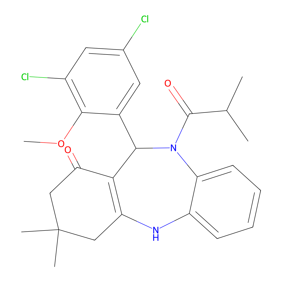 11-(3,5-dichloro-2-methoxyphenyl)-10-isobutyryl-3,3-dimethyl-2,3,4,5,10,11-hexahydro-1H-dibenzo[b,e][1,4]diazepin-1-one molecular structure, CAS 353789-40-9