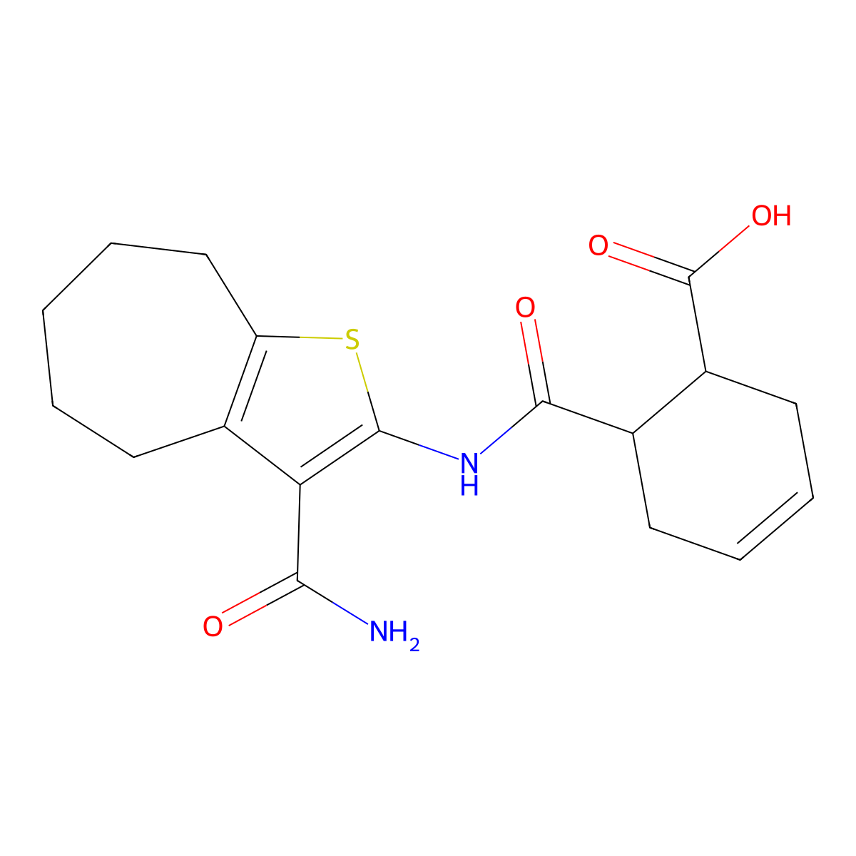 6-[(3-carbamoyl-5,6,7,8-tetrahydro-4H-cyclohepta[b]thiophen-2-yl)carbamoyl]cyclohex-3-ene-1-carboxylic acid molecular structure, CAS 353789-62-5