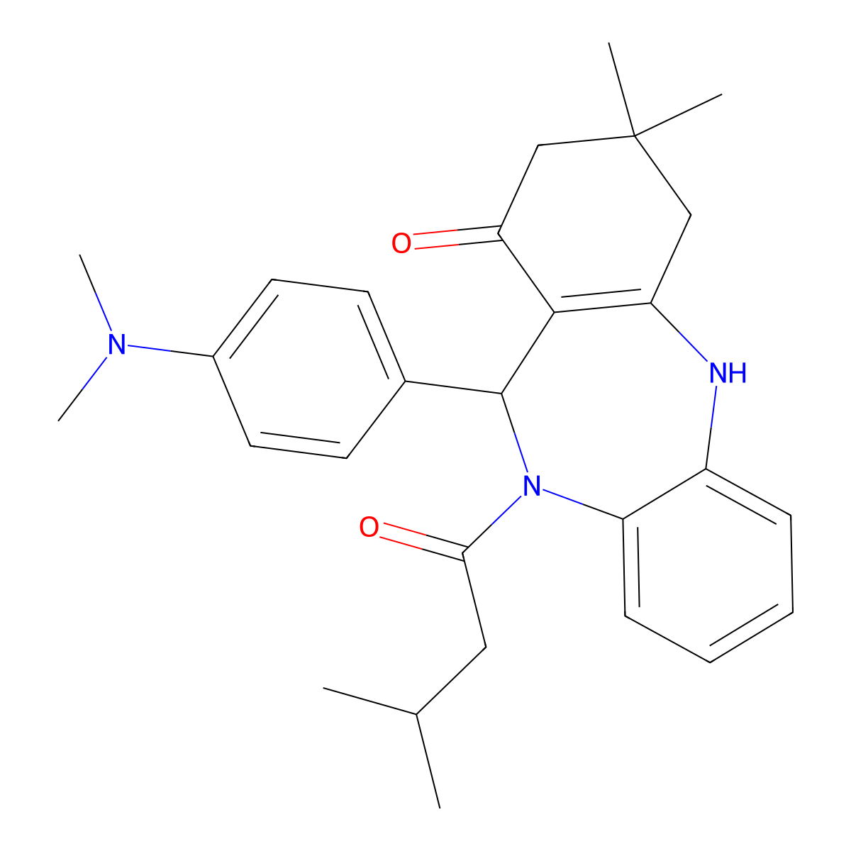 11-[4-(dimethylamino)phenyl]-3,3-dimethyl-10-(3-methylbutanoyl)-2,3,4,5,10,11-hexahydro-1H-dibenzo[b,e][1,4]diazepin-1-one molecular structure, CAS 353789-71-6