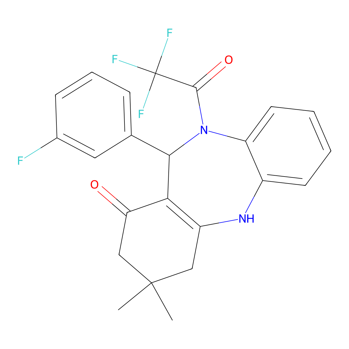 11-(3-fluorophenyl)-3,3-dimethyl-10-(trifluoroacetyl)-2,3,4,5,10,11-hexahydro-1H-dibenzo[b,e][1,4]diazepin-1-one molecular structure, CAS 353789-79-4