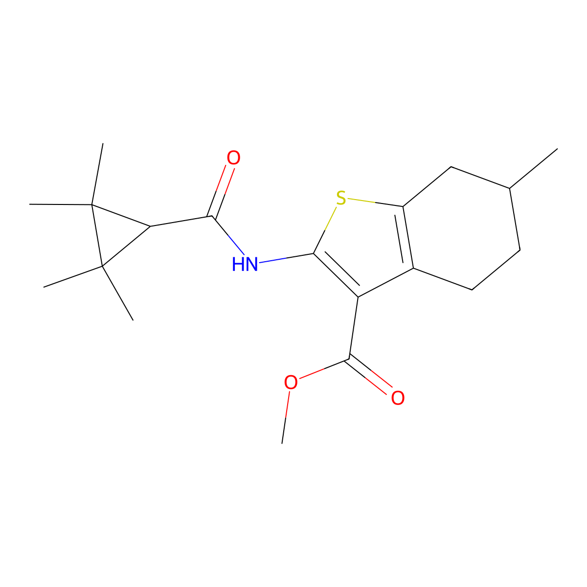 Methyl 6-methyl-2-{[(2,2,3,3-tetramethylcyclopropyl)carbonyl]amino}-4,5,6,7-tetrahydro-1-benzothiophene-3-carboxylate molecular structure, CAS 353789-87-4