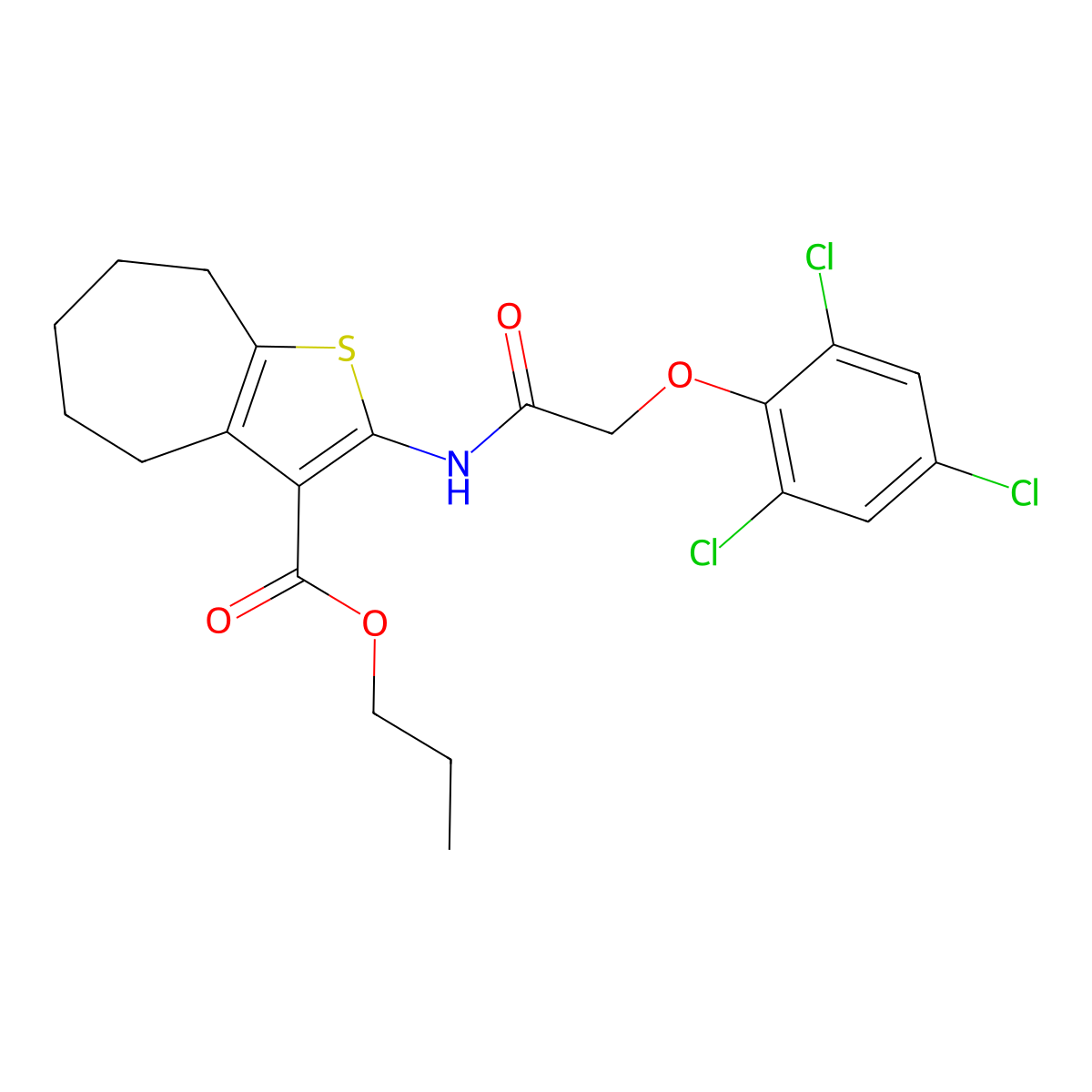 propyl 2-{[(2,4,6-trichlorophenoxy)acetyl]amino}-5,6,7,8-tetrahydro-4H-cyclohepta[b]thiophene-3-carboxylate molecular structure, CAS 353790-11-1