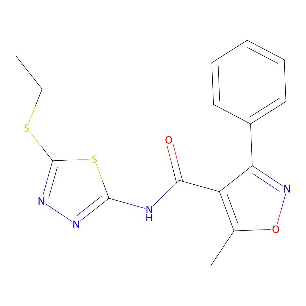 N-(5-ethylsulfanyl-1,3,4-thiadiazol-2-yl)-5-methyl-3-phenyl-1,2-oxazole-4-carboxamide molecular structure, CAS 353790-57-5
