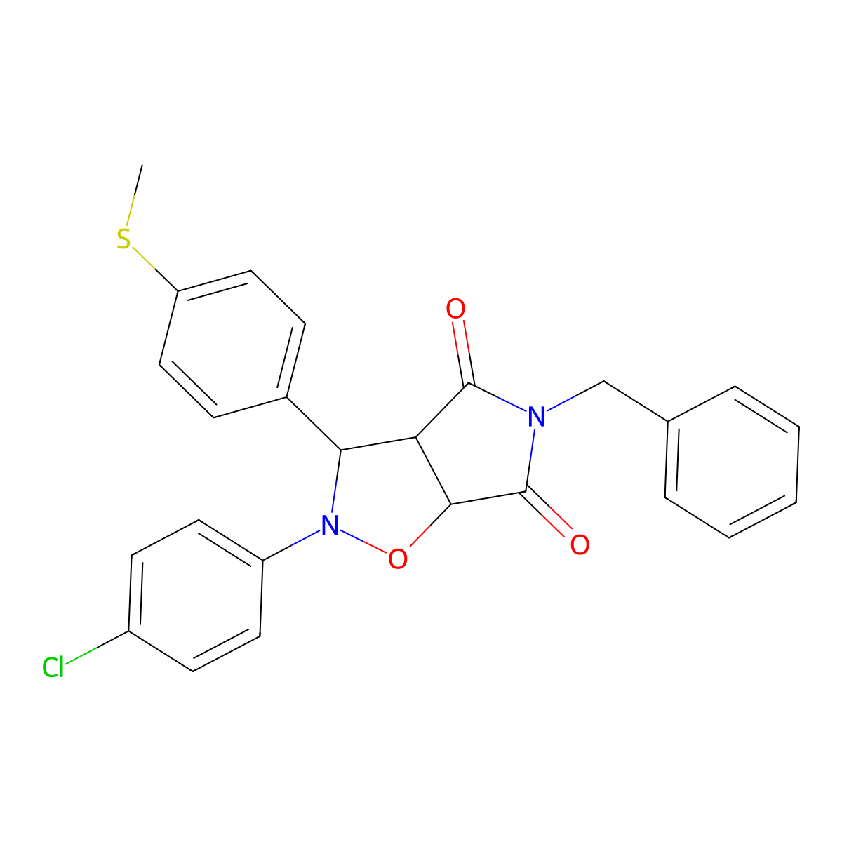 5-benzyl-2-(4-chlorophenyl)-3-(4-(methylthio)phenyl)dihydro-2H-pyrrolo[3,4-d]isoxazole-4,6(5H,6aH)-dione molecular structure, CAS 353793-17-6