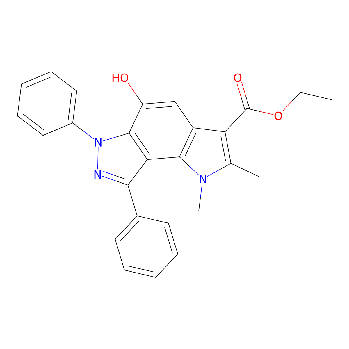 Ethyl 5-hydroxy-1,2-dimethyl-6,8-diphenyl-1,6-dihydropyrrolo[2,3-e]indazole-3-carboxylate molecular structure, CAS 353799-28-7