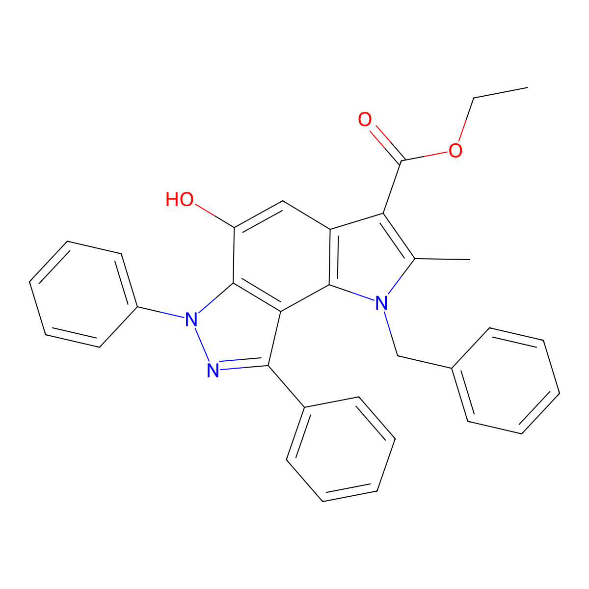 Ethyl 1-benzyl-5-hydroxy-2-methyl-6,8-diphenyl-1,6-dihydropyrrolo[2,3-e]indazole-3-carboxylate molecular structure, CAS 353799-29-8
