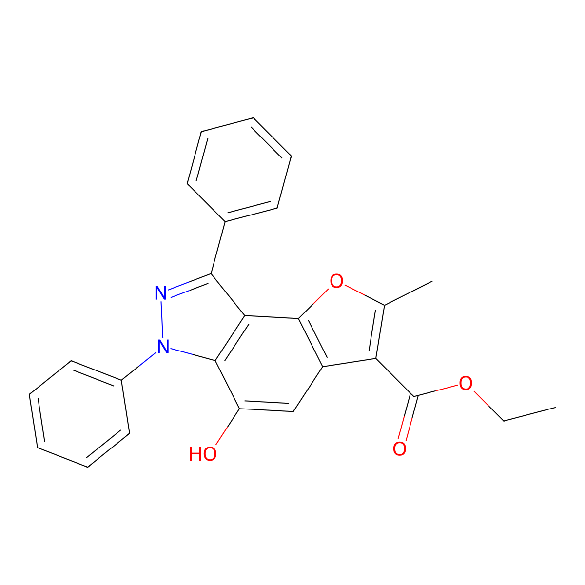 ethyl 5-hydroxy-2-methyl-6,8-diphenyl-6H-furo[2,3-e]indazole-3-carboxylate molecular structure, CAS 353799-32-3
