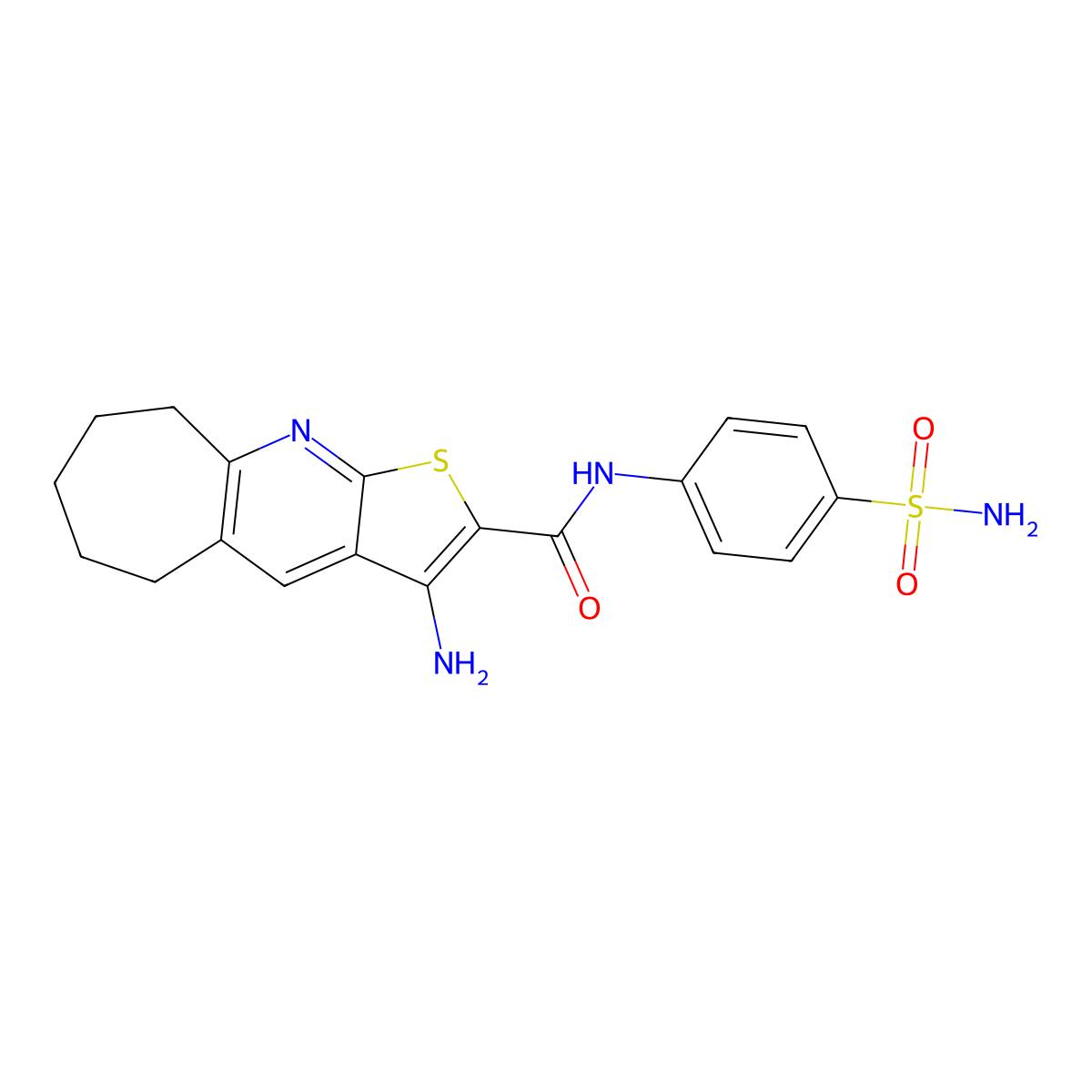 3-amino-N-[4-(aminosulfonyl)phenyl]-6,7,8,9-tetrahydro-5H-cyclohepta[b]thieno[3,2-e]pyridine-2-carboxamide molecular structure, CAS 354119-23-6