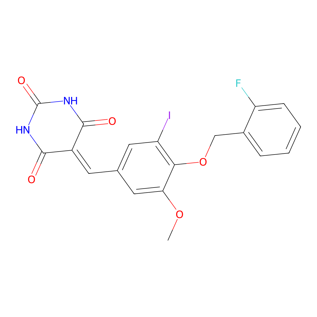 5-{4-[(2-fluorobenzyl)oxy]-3-iodo-5-methoxybenzylidene}-2,4,6(1H,3H,5H)-pyrimidinetrione molecular structure, CAS 354121-25-8