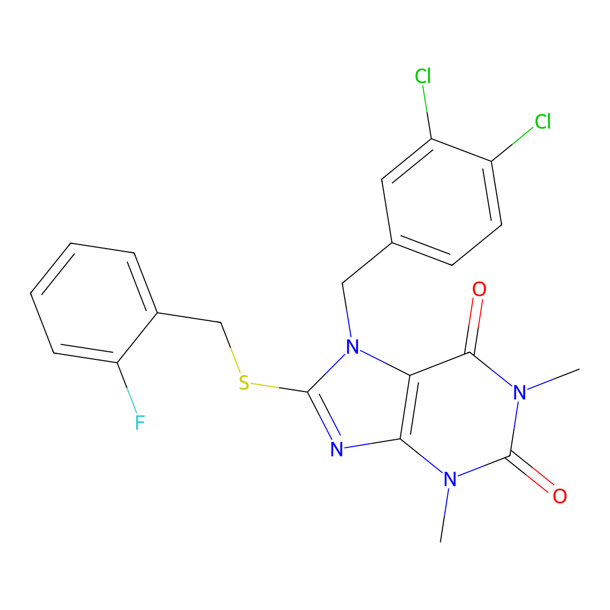 7-[(3,4-Dichlorophenyl)methyl]-8-[(2-fluorophenyl)methylsulfanyl]-1,3-dimethylpurine-2,6-dione molecular structure, CAS 354121-58-7