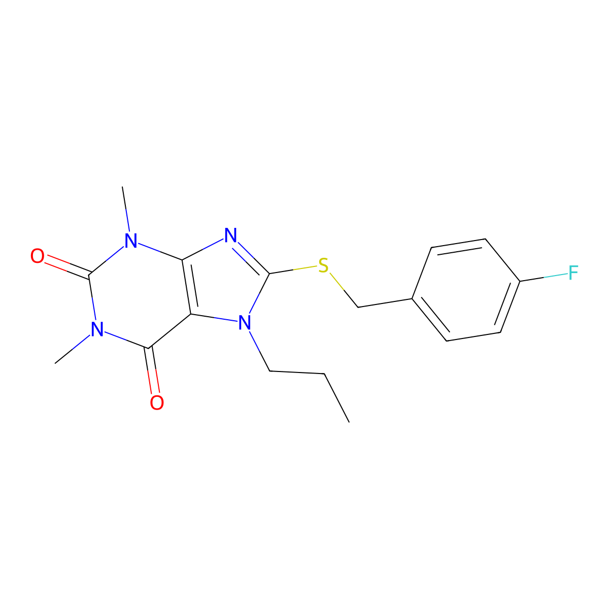 8-[(4-Fluorophenyl)methylsulfanyl]-1,3-dimethyl-7-propylpurine-2,6-dione molecular structure, CAS 354122-18-2