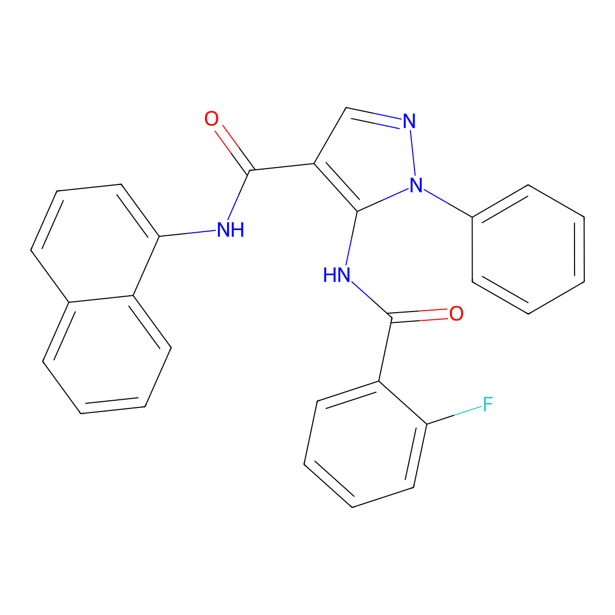 5-{[(2-fluorophenyl)carbonyl]amino}-N-(naphthalen-1-yl)-1-phenyl-1H-pyrazole-4-carboxamide molecular structure, CAS 354124-88-2