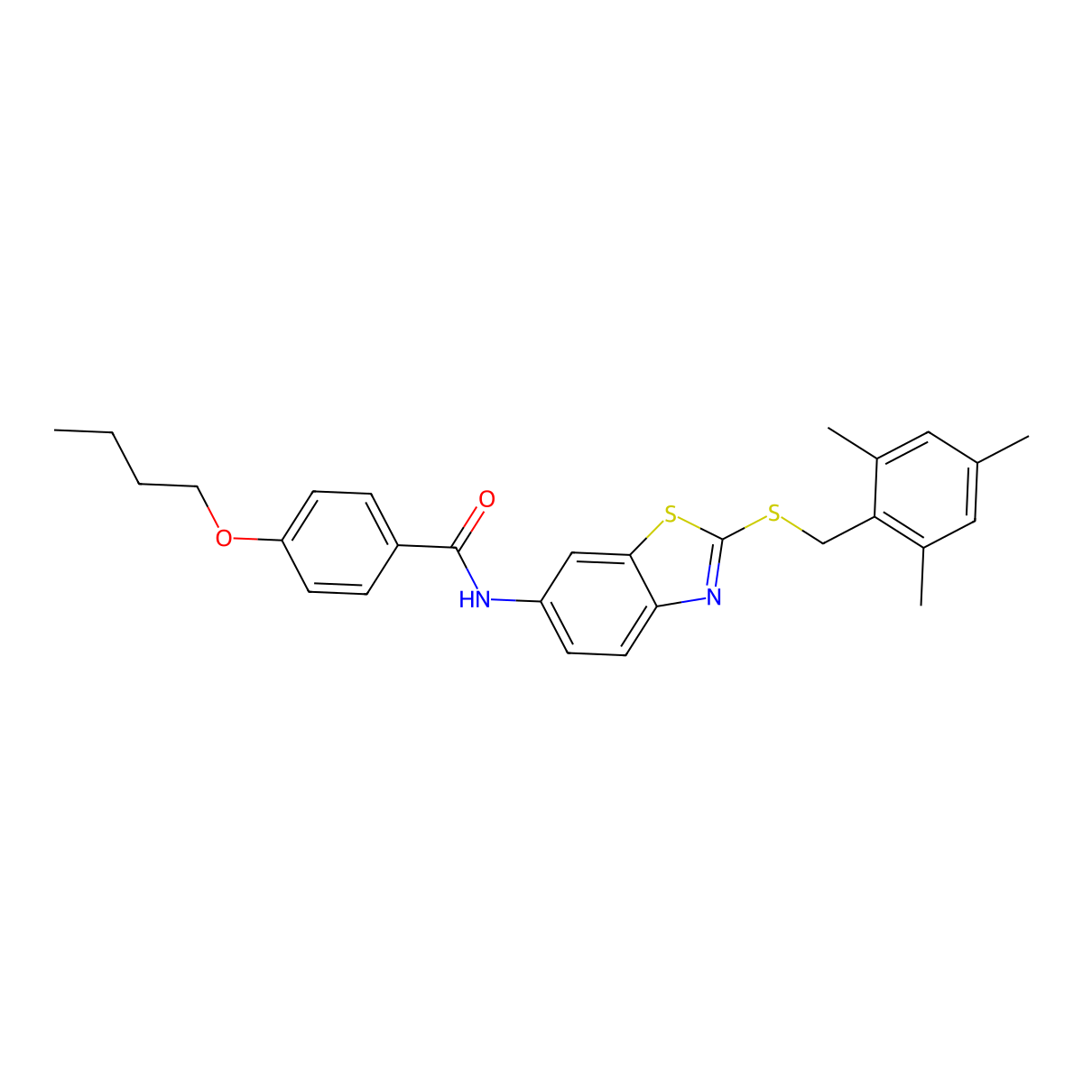4-butoxy-N-{2-[(mesitylmethyl)sulfanyl]-1,3-benzothiazol-6-yl}benzamide molecular structure, CAS 354127-33-6
