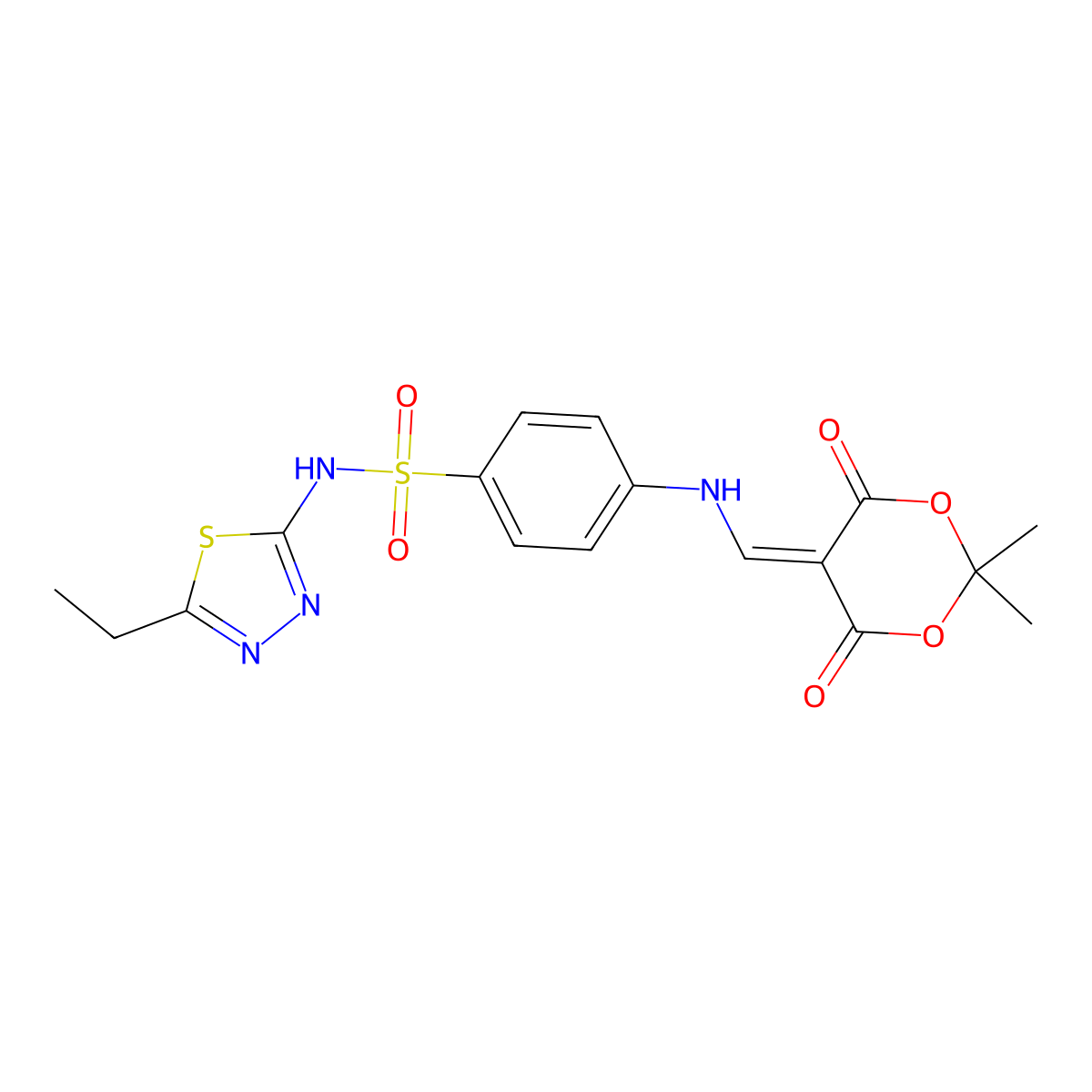 4-(((2,2-dimethyl-4,6-dioxo-1,3-dioxan-5-ylidene)methyl)amino)-N-(5-ethyl-1,3,4-thiadiazol-2-yl)benzenesulfonamide molecular structure, CAS 354132-98-2