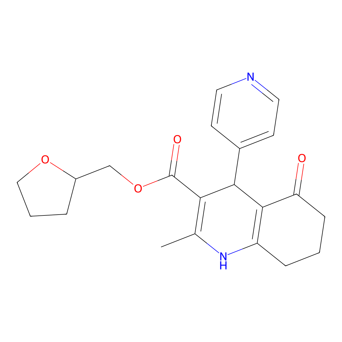 Tetrahydrofuran-2-ylmethyl 2-methyl-5-oxo-4-(pyridin-4-yl)-1,4,5,6,7,8-hexahydroquinoline-3-carboxylate molecular structure, CAS 354154-14-6
