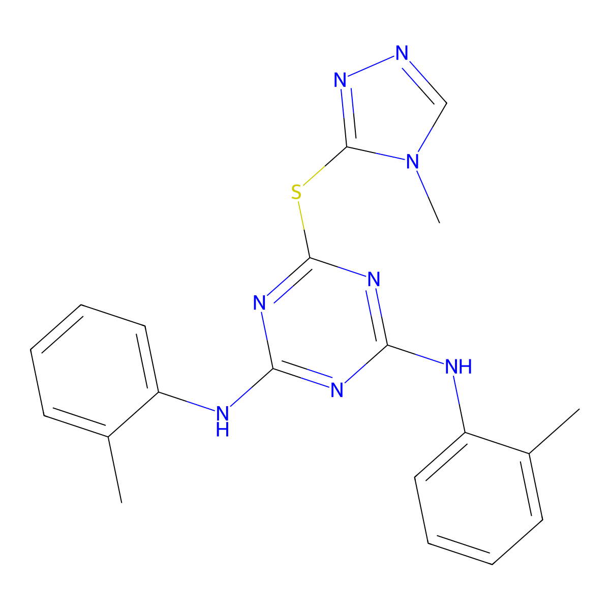 N,N'-bis(2-methylphenyl)-6-[(4-methyl-4H-1,2,4-triazol-3-yl)sulfanyl]-1,3,5-triazine-2,4-diamine molecular structure, CAS 354154-50-0