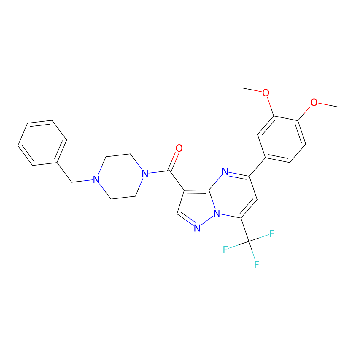 (4-Benzylpiperazin-1-yl)[5-(3,4-dimethoxyphenyl)-7-(trifluoromethyl)pyrazolo[1,5-a]pyrimidin-3-yl]methanone molecular structure, CAS 354155-23-0