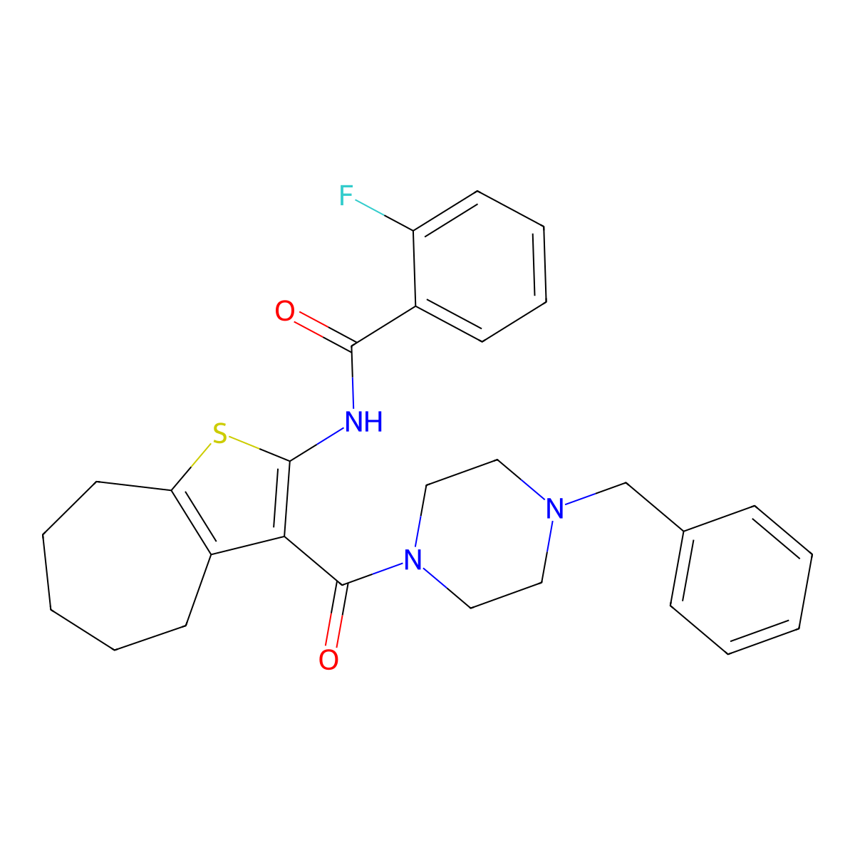 N-[3-(4-benzylpiperazine-1-carbonyl)-5,6,7,8-tetrahydro-4H-cyclohepta[b]thiophen-2-yl]-2-fluorobenzamide molecular structure, CAS 354155-53-6