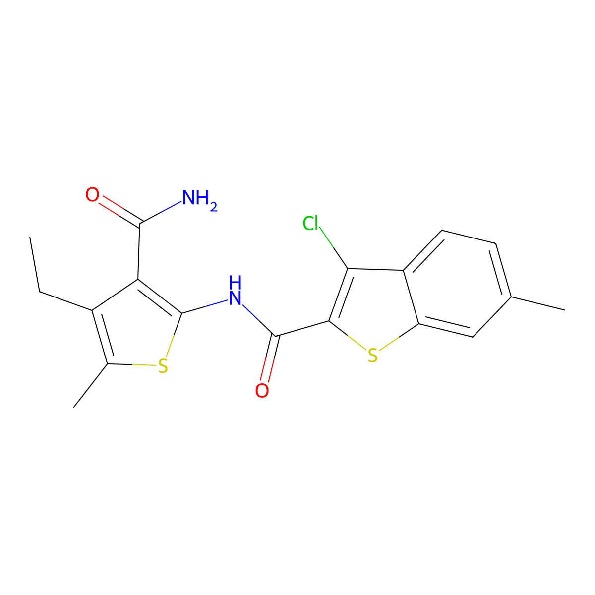 N-(3-carbamoyl-4-ethyl-5-methylthiophen-2-yl)-3-chloro-6-methyl-1-benzothiophene-2-carboxamide molecular structure, CAS 354536-84-8