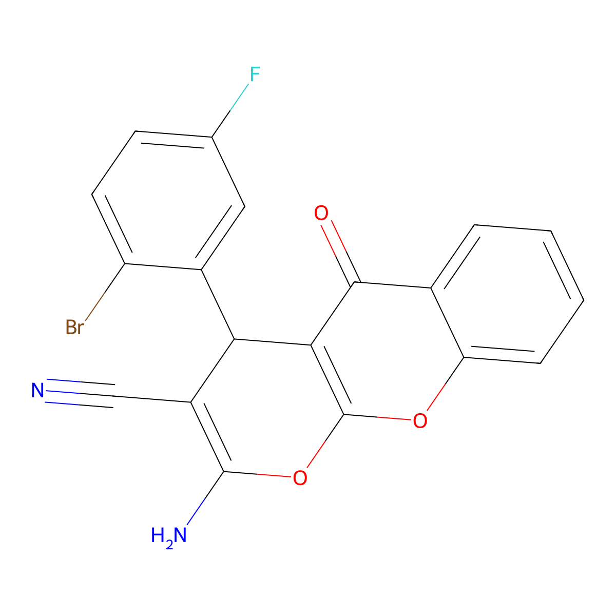 2-amino-4-(2-bromo-5-fluorophenyl)-5-oxo-4H,5H-pyrano[2,3-b]chromene-3-carbonitrile molecular structure, CAS 354537-04-5