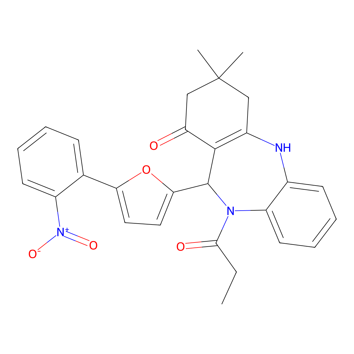 9,9-Dimethyl-6-[5-(2-nitrophenyl)furan-2-yl]-5-propanoyl-6,8,10,11-tetrahydrobenzo[b][1,4]benzodiazepin-7-one molecular structure, CAS 354537-15-8